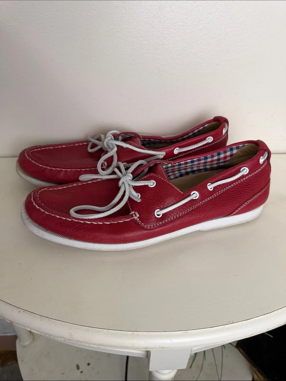 (2387) Rockport Men's Red Leather Boat Shoes - Casual Lace-Up, Size: 10